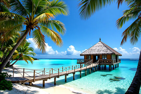 Tropical summer palm trees beach with a wooden bridge to a hut above clear blue ocean against fresh blue sky