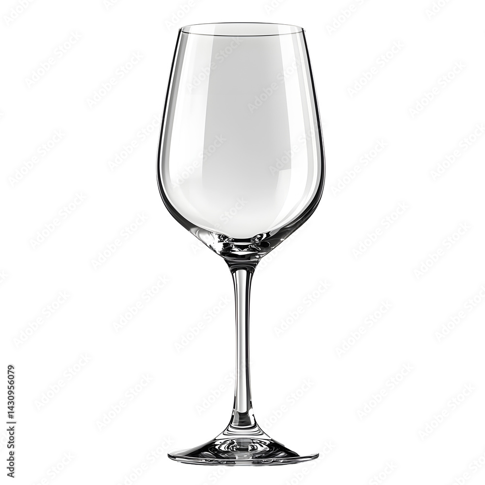Poster a single clear and sparkling wine glass with a long stem set against a plain white background creati