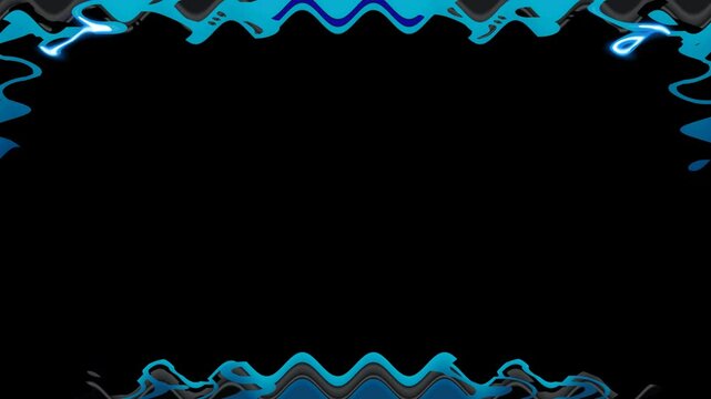 Long horizontal wavy mechanical flashing blue perpendicular lines frame on black background with space for your own content.