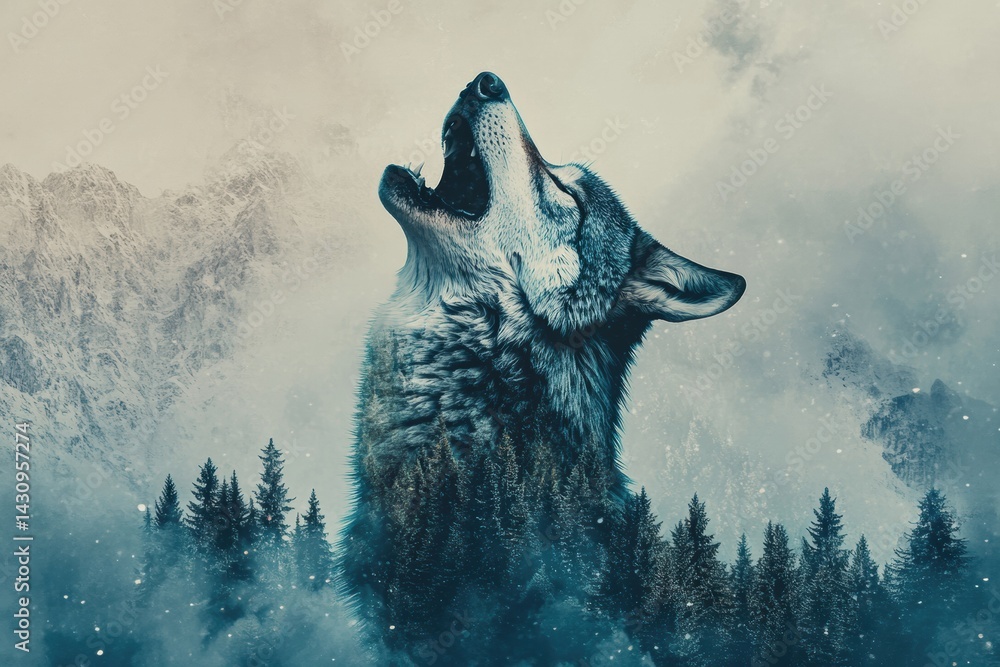 Poster creative wolf howling with mystical forest and mountain textures in a serene natural setting at twil