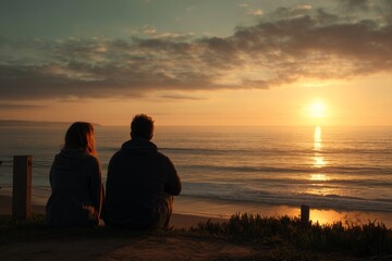 Fototapeta premium Couple Watching Sunset Over Ocean, Romantic Moment, Coastal Location, Photography, Serene Environment, Side View, Love and Connection