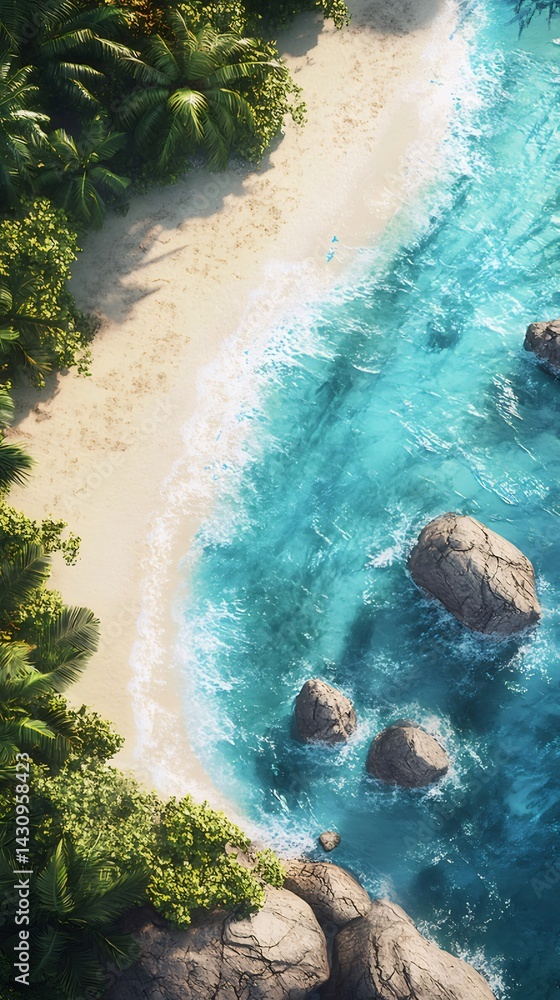 Poster 青い海と白い砂浜の美しい風景上空からの眺め ヤシの木と岩礁が点在する透明な水面