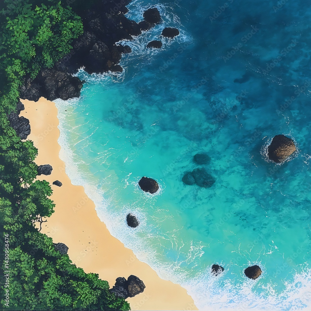 Poster 上空からの海岸線の景色 ターコイズブルーの海と砂浜 緑の木々と岩のコントラスト 夏の太陽光が降り注ぐ楽園の風景