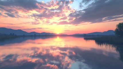 Serene Sunset: Lake Reflections in Pastel Hues