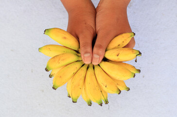 Close-up of hands holding a bunch of ripe yellow bananas with green tips on a clean white background, fresh tropical fruit concept
