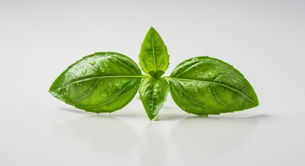 Fototapeta premium Fresh Basil Leaves with Water Droplets on White Background