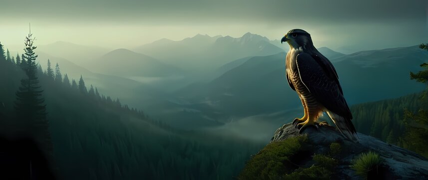 Falcon perched steadfast on alpine pine overlooking vast mist filled valley of dense green forest
