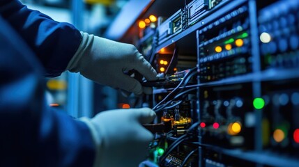 Technician meticulously connects network cables to server racks.