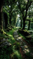 Obraz premium Sunlit stone path through lush forest