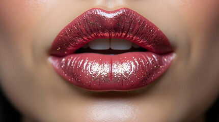 Obraz premium close up lips of young woman. close up lips of young woman. Perfect feminine lips, painted with shiny pink gloss.