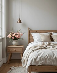 Nordic bedroom with wooden bed, light wood side table and summer bouquet of flowers, with natural linen bedding 