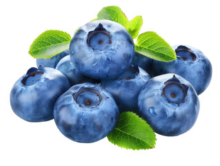 Large ripe blueberries with green leaves isolated on transparent background. Cut out image. Berry.	