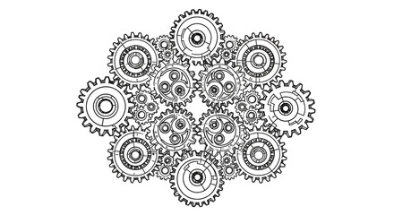 Interlocking Gear System Mechanical Design on White Background Technical Blueprint