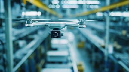 Naklejka premium Industrial drone surveying a warehouse interior.