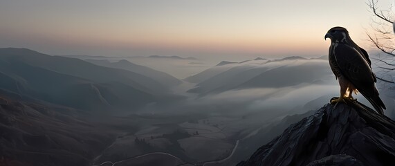 Falcon perched on bare mountain limb overlooking misty valley cloaked in early morning haze