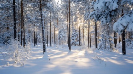 Obraz premium Winter Wonderland: Sunlit Snow-Covered Forest in Serene, Dreamy Style