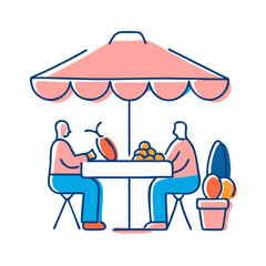 A simple, colorful illustration of two people sitting at a table under an umbrella. One person is holding a drink, while the other appears to be eating or enjoying food. The table has various items, i