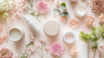 Flatlay of pink beauty products and flowers