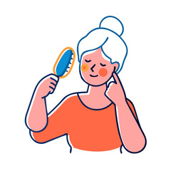 A simple, colorful illustration of an elderly woman with white hair styled in a bun. She is wearing an orange top and is brushing her hair with a blue brush. Her expression appears content and relaxed