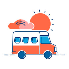  A simple, colorful illustration of a bright orange bus with blue wheels and windows. The bus has a small cloud on top, and the background features a stylized sun with rays, giving the image a cheerfu