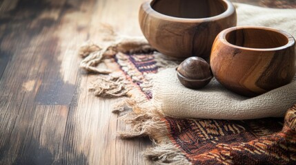 Rustic table with clay cups and warm cloth