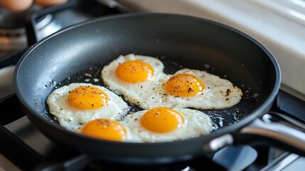 Fried eggs in a pan on the stove, a cooking video showing eggs fried in a frying pan for breakfast or lunch at home in the kitchen.