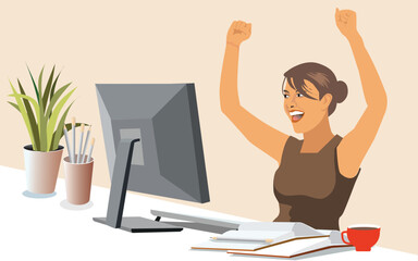 Overjoyed woman looking at computer, celebrating success, showing yes gesture, sitting at work desk, young female excited by good news in email or message, job promotion, money refund