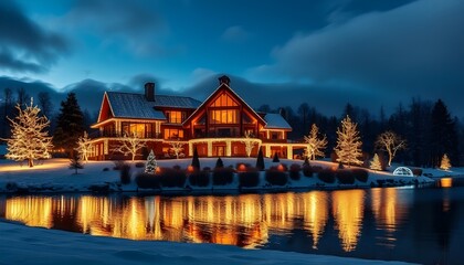 Obraz premium Engaging Lakeside Chalet Illuminated Amidst Winter Evening Capturing Holiday Charm