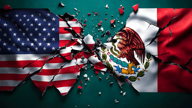 Flags of the usmca members breaking apart, representing the trade war and tariffs between united states, mexico and canada