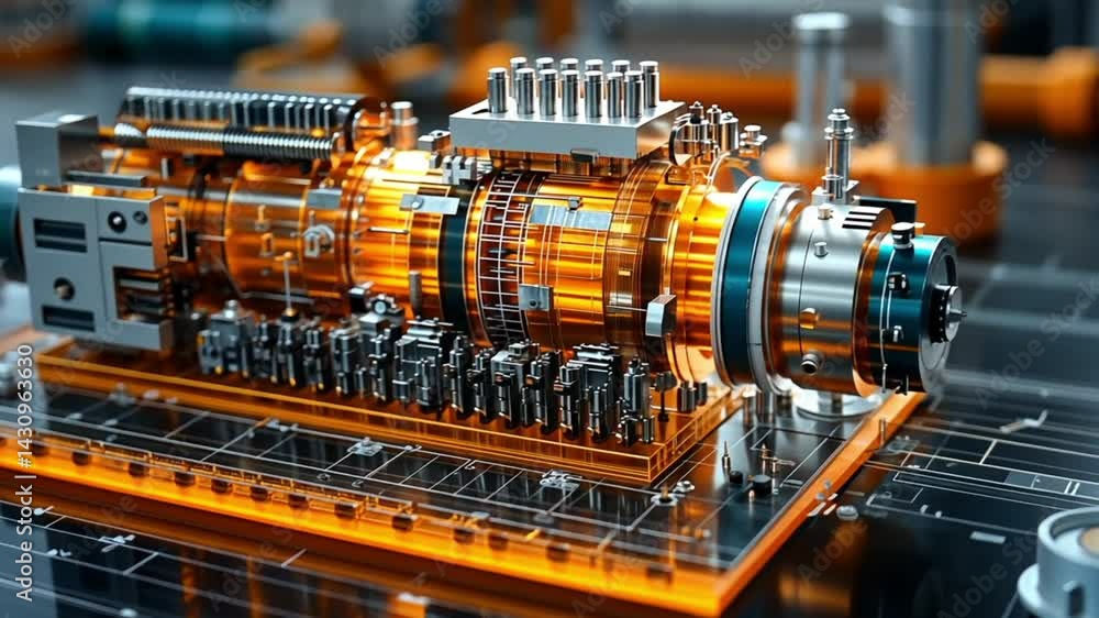Aufkleber detailed close-up of an intricate engine component with orange highlights in a tech workshop