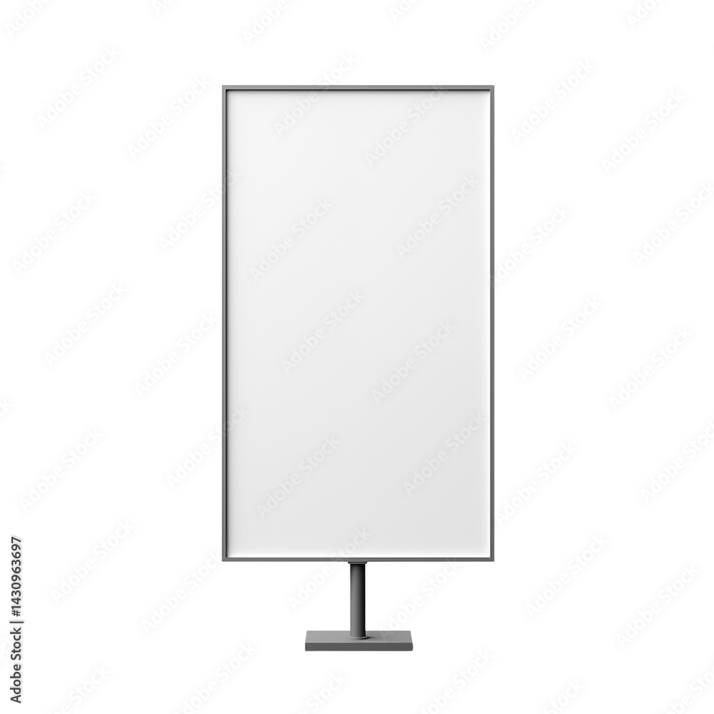 Poster a blank white rectangular sign with a gray frame and base against a transparent background in a stud