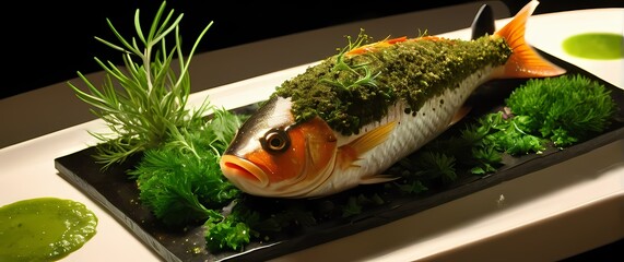 Exquisite dining delight of herb crusted fish garnished with fresh herbs and sliced vegetative colors