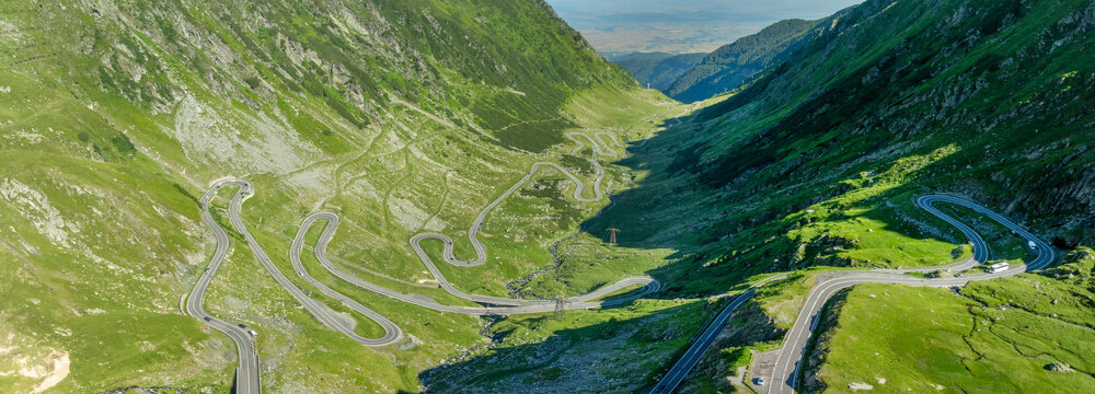 Aerial panorama of  Transfagarasan Highway which is a mountain road crossing the southern section of the Carpathian Mountains,one of the 10 most beautiful roads in the world,Romania, Europe