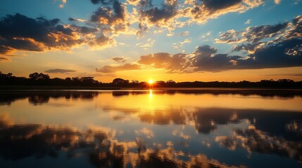 Obraz premium Serene Sunset: Golden Hues Reflecting on Calm Waters