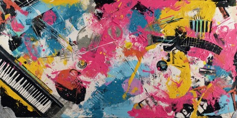 Obraz premium A colorful painting of a piano with notes and keys