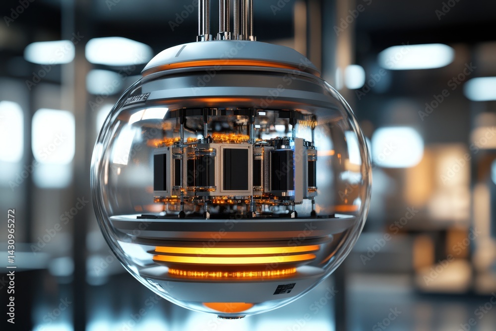 Poster advanced technology sphere showcasing intricate electronic components in a modern lab environment