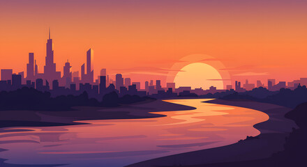 Naklejka premium Cityscape Sunset: Silhouette City at Golden Hour