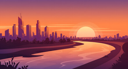 Obraz premium Sunset Cityscape: Serene River and Silhouette Skyline