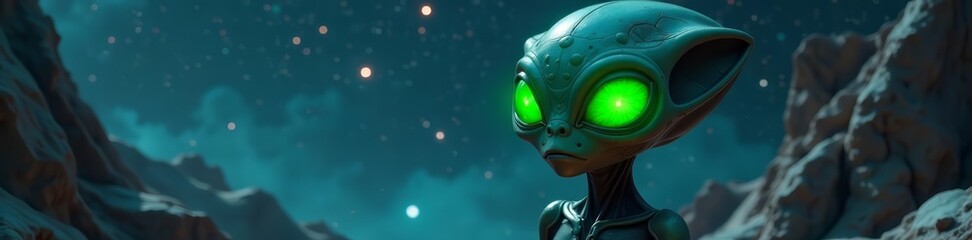 Extraterrestrial being with bright green eyes floating in space, cosmic backdrop, cosmic, paranormal