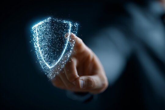 Digital Shield Icon Displayed by Businessman for Cybersecurity Awareness in Modern Office Environment