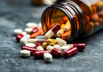Colorful pills and medicine capsules in a bottle on a stone surface with a pharmacy background, real photograph.