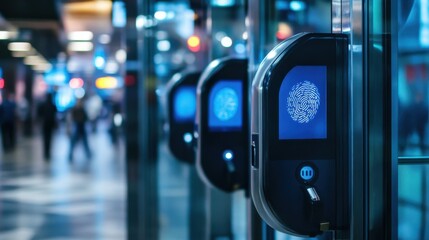 Modern biometric access control systems in a public transit hub.