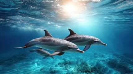 Fototapeta premium Pod of dolphins swimming through clear blue ocean waters under sunlight, peaceful marine wildlife in natural harmony