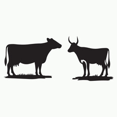 Silhouette of Cows Standing on Grass Isolated on White Background