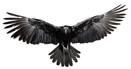 Fototapeta premium A dramatic view of a black bird with its wings spread wide against a transparent background in flight mode png