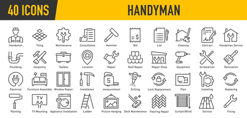 Handyman web icons in line style. Maintenance, plumbing, electrical, consultation, cleaning, installation , repair, collection. Vector illustration.