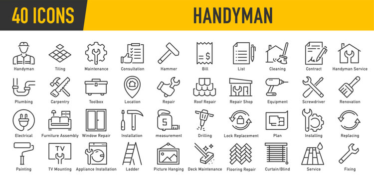Handyman web icons in line style. Maintenance, plumbing, electrical, consultation, cleaning, installation , repair, collection. Vector illustration. - Powered by Adobe