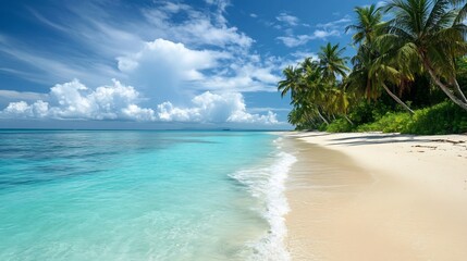 Serene Tropical Beach: Turquoise Waters, Palm Trees, and Sunny Skies