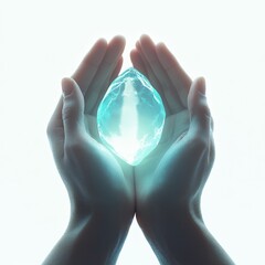 Glowing Crystal Held in Hands: Serenity and Inner Light