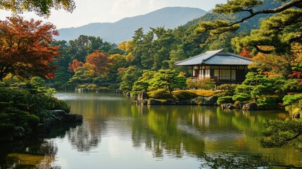 Obraz premium Idyllic autumn landscape at Ginkaku-ji temple in Kyoto, Japan, tranquil water reflection with Japanese architecture and colorful foliage creating a serene scene